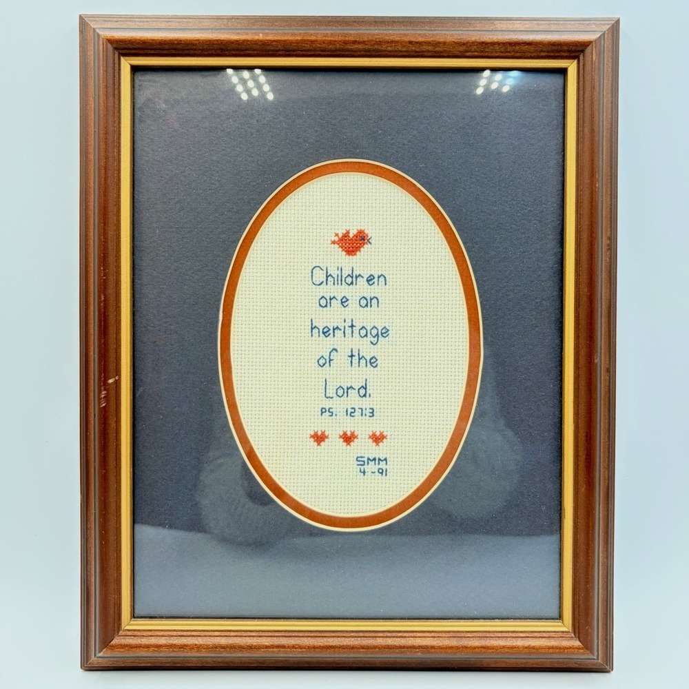 Vintage 1991 Psalm 127:3 Cross Stitch Framed Bible Verse Religious Wall Art 9x11